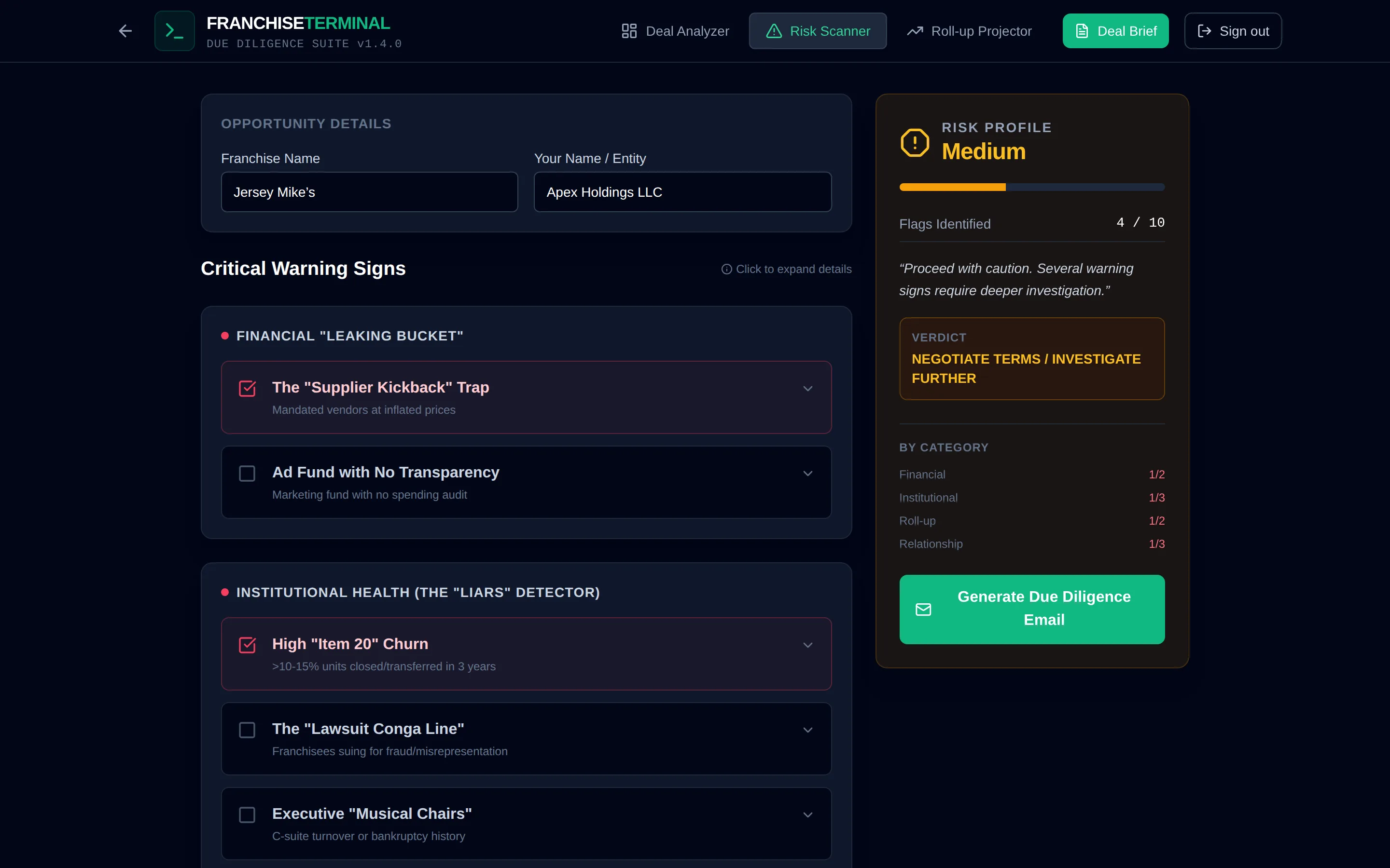 10-Point Risk Scanner — the real Franchise Terminal tool